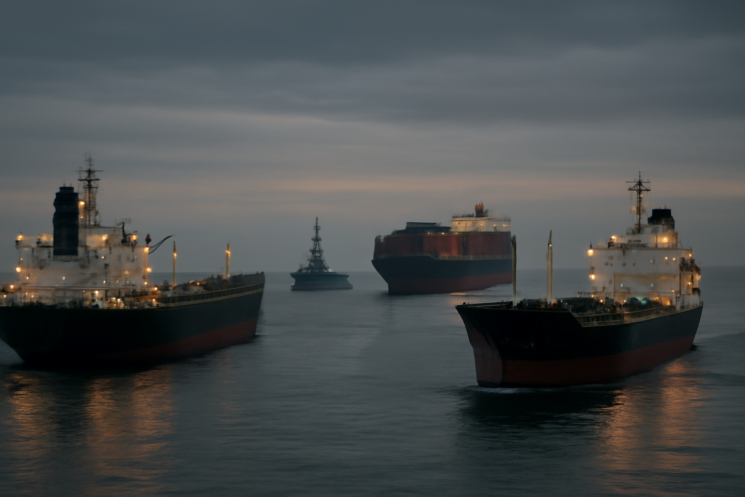 Oil tankers and container ships moving through a shipping lane at dusk with a naval vessel patrolling nearby