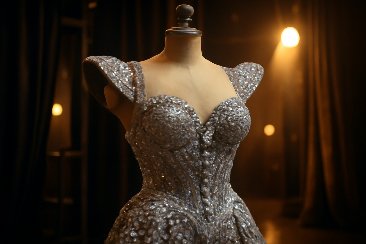 Ornate rhinestone-studded stage costume displayed on a mannequin under theatrical lighting