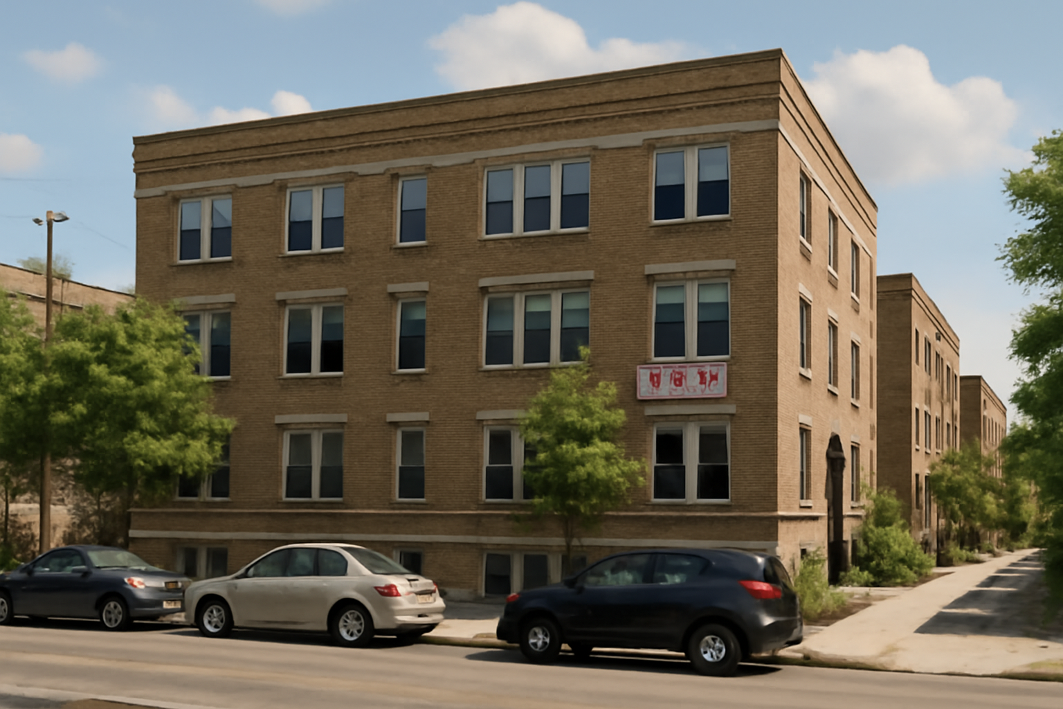 Row of apartment buildings with for-rent signs along a U.S. city street