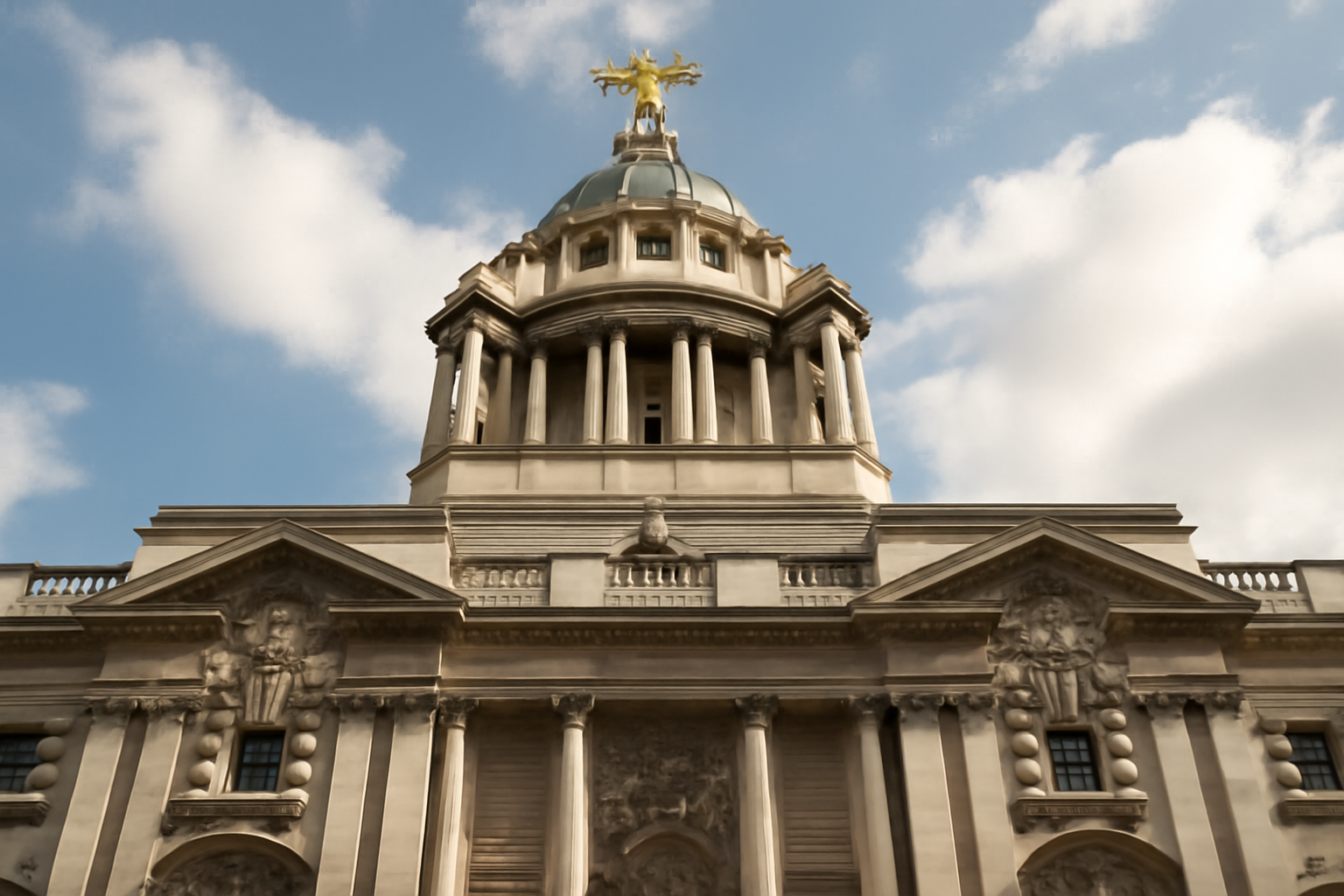 Exterior of the Old Bailey courthouse in London with its scales of justice statue