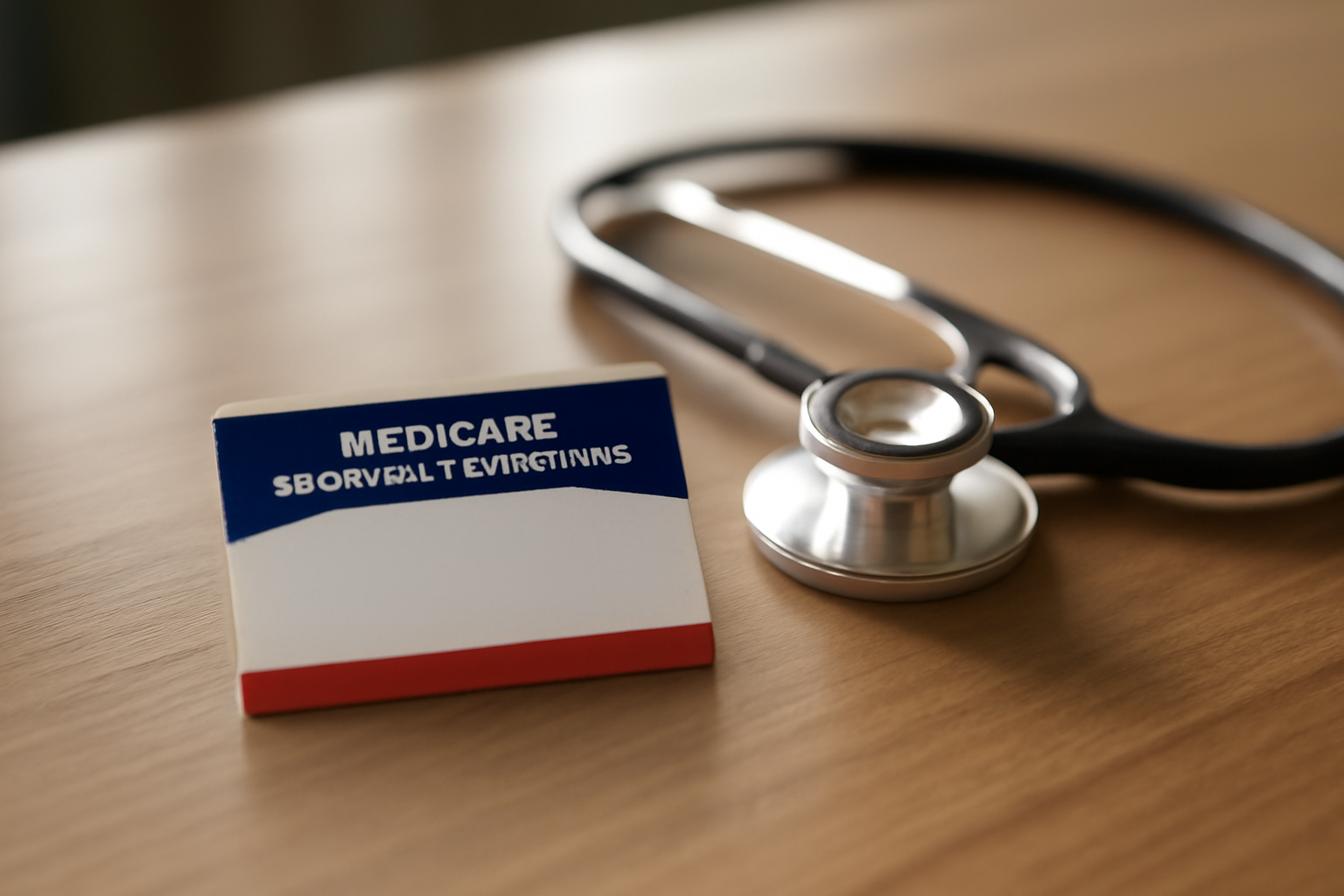 Medicare insurance card resting beside a stethoscope on a desk