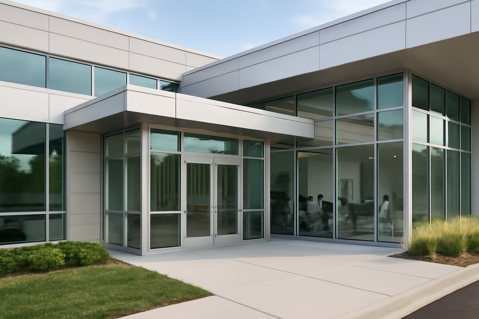 Exterior of a modern medical infusion center with an ambulance bay and glass entrance