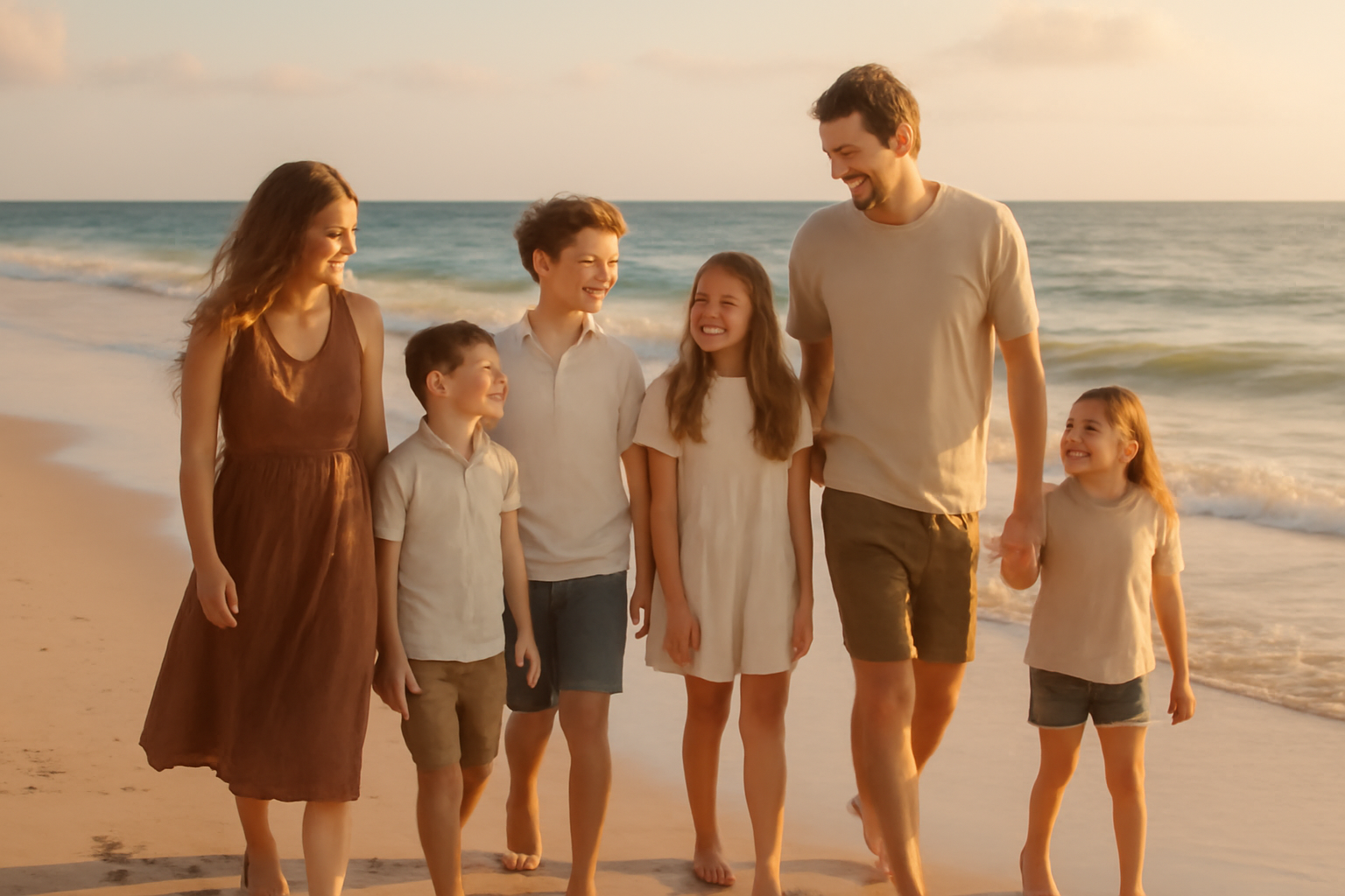 A family of six walking together along a sunlit Florida beach, silhouetted against the ocean