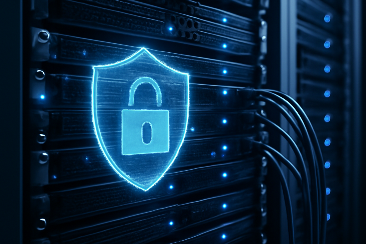 Server racks with glowing blue security lock icons overlaid on data processing hardware