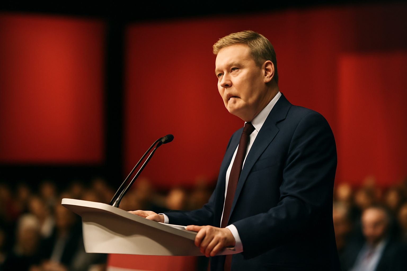 Chancellor John Healey speaking at a podium during the Labour Party conference in Liverpool