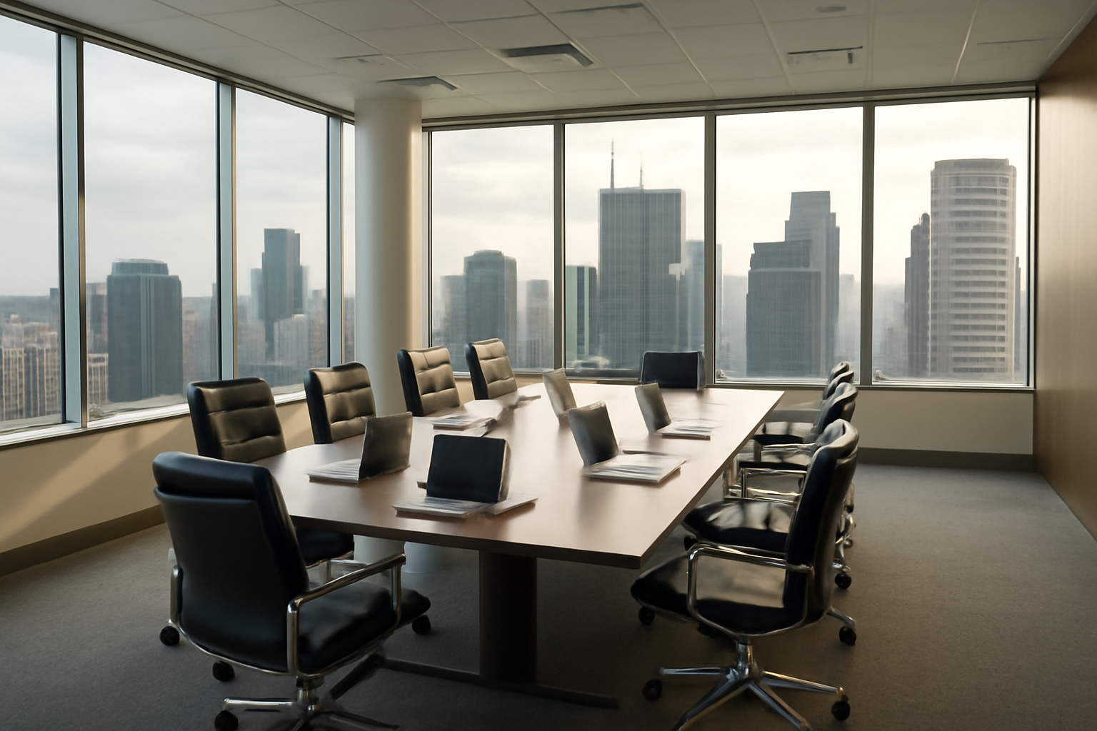 Empty boardroom chairs around a long conference table with laptops open in a tech company office