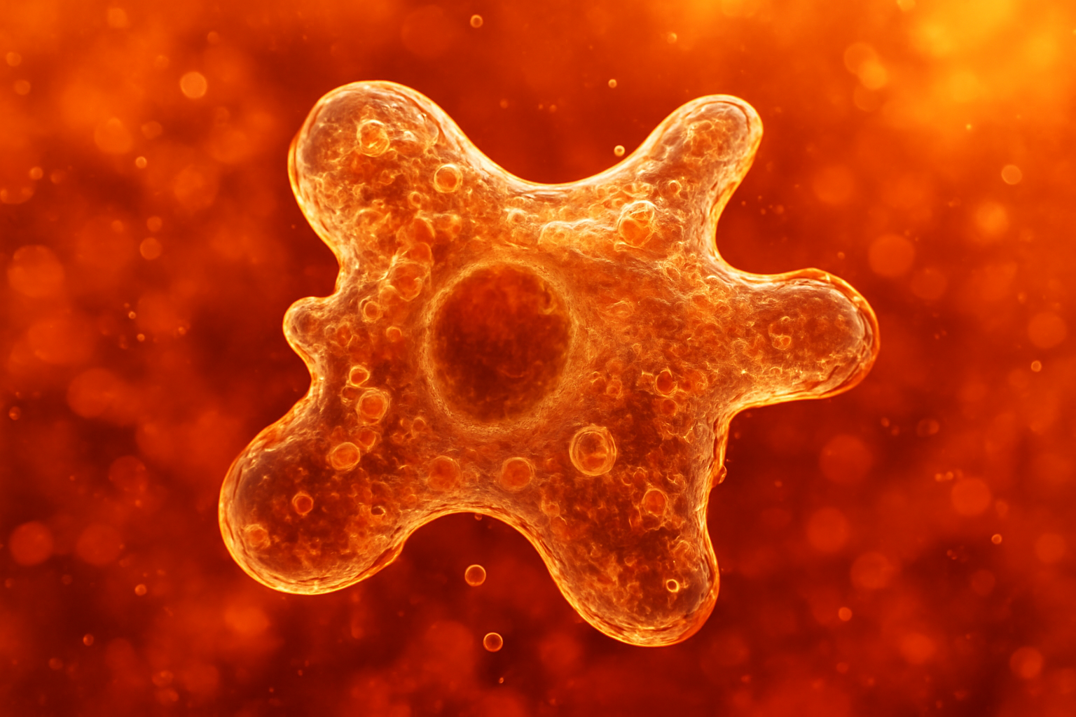Microscopic single-celled amoeba organism against a heat-shimmer orange and red background
