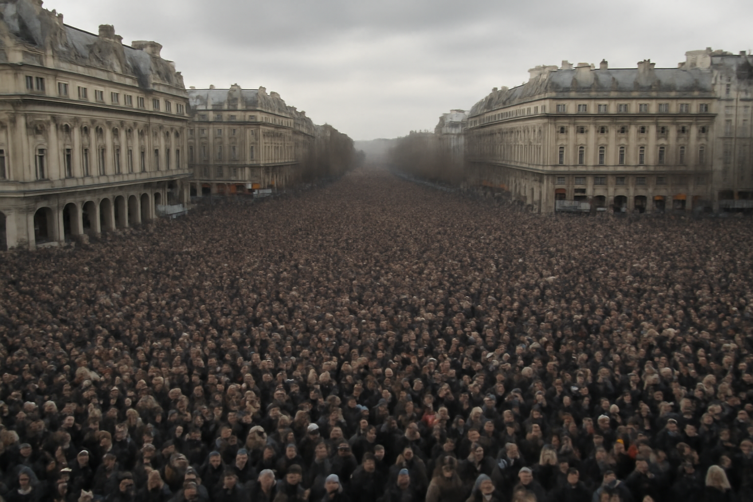 Large crowd filling a Paris square under gray skies for a public gathering