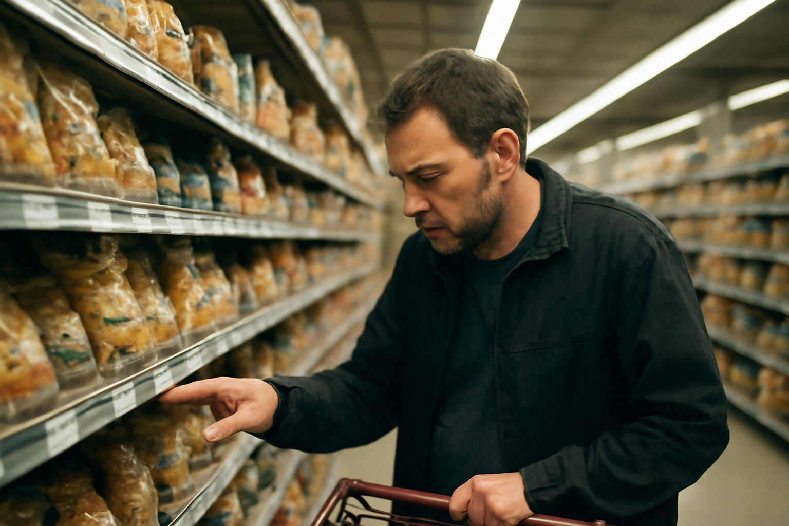 Grocery shopper checking price tags on shelves inside a supermarket aisle