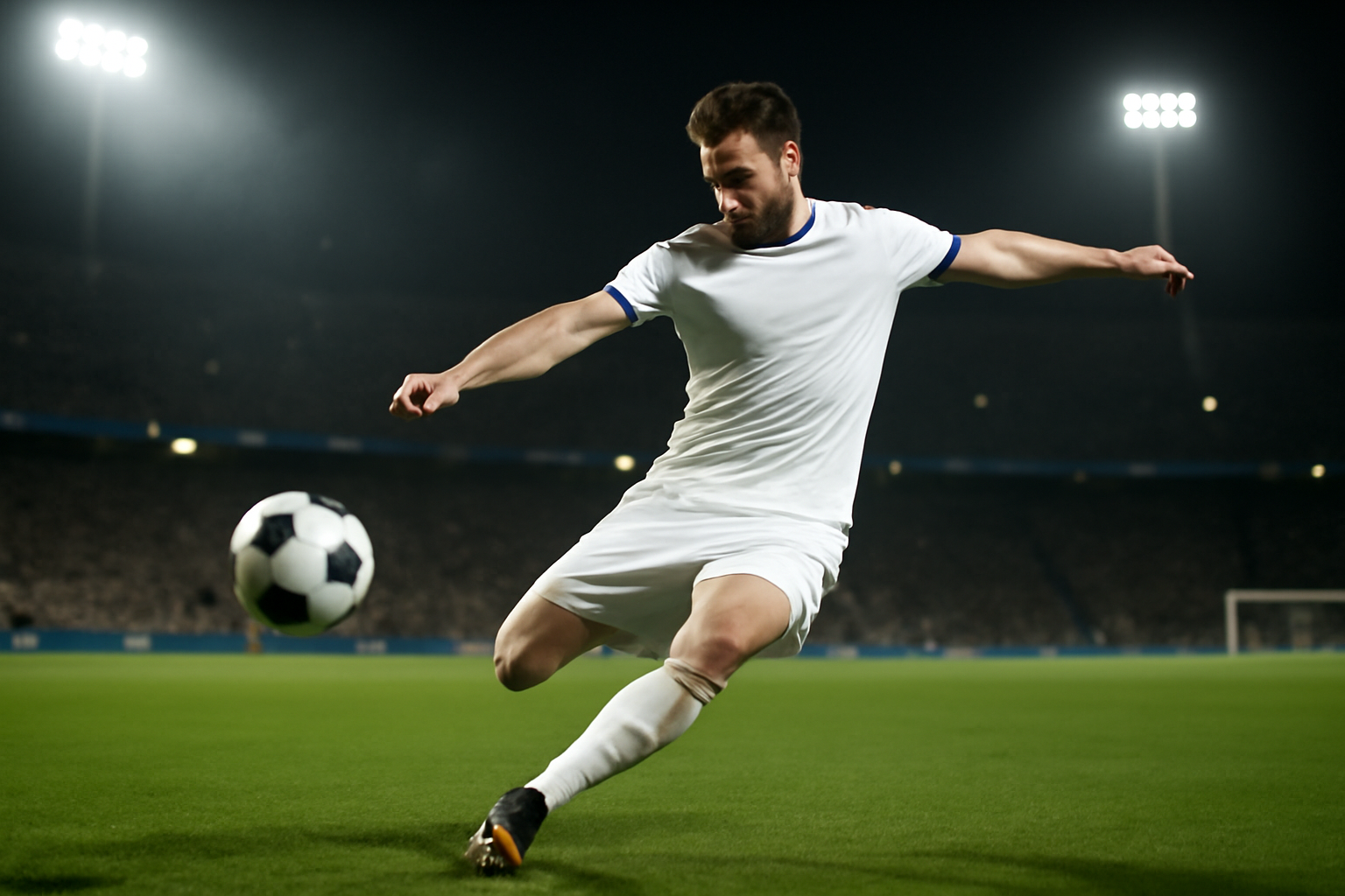Soccer player in white England kit striking the ball toward goal on a stadium pitch