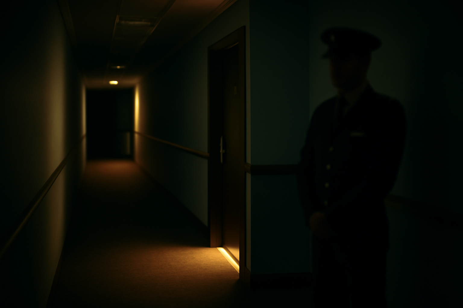 A locked hotel room door at night with a security guard silhouette visible through frosted glass