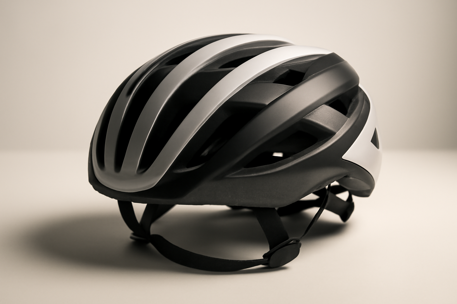 Close-up of a road cycling helmet with segmented foam sections visible beneath the outer shell