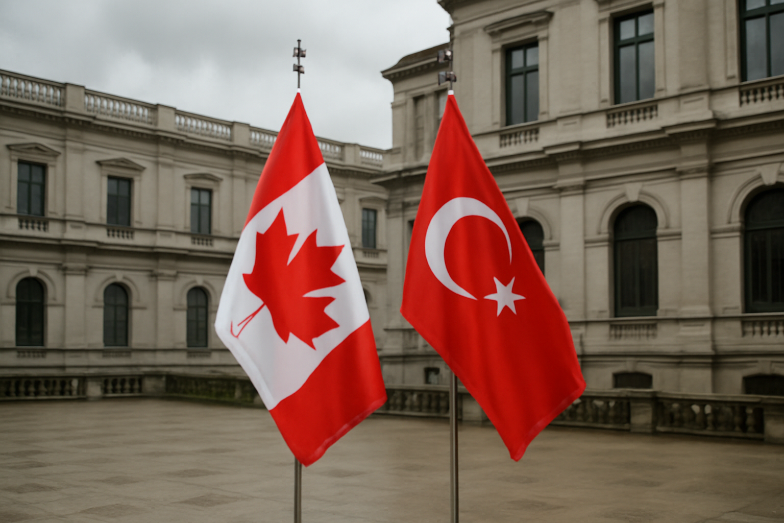 Canadian and Turkish flags displayed together outside a government building in Ankara