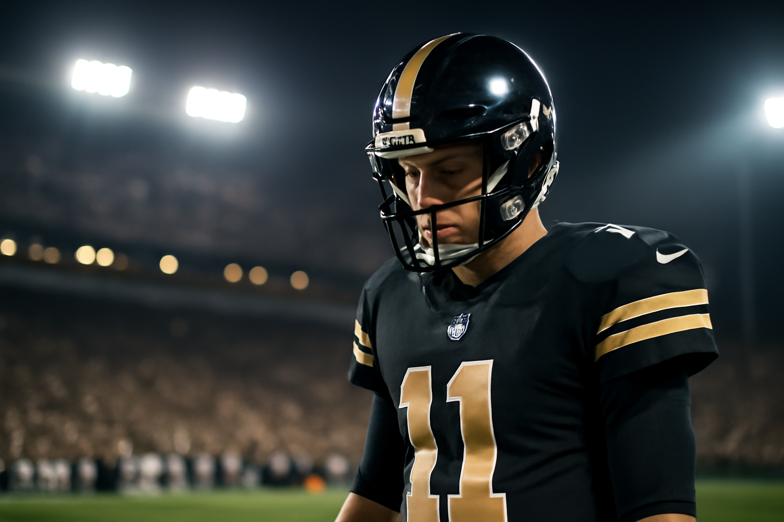 New Orleans Saints quarterback standing alone on the sideline under stadium lights during a lopsided home loss