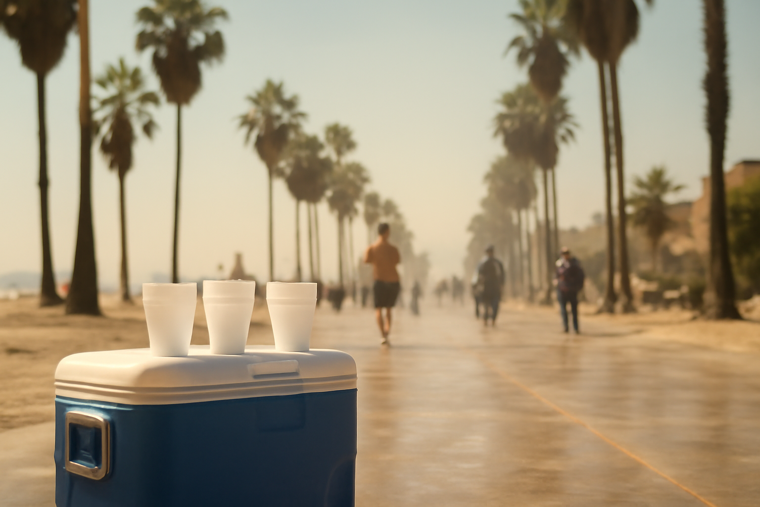 A vendor sells bottled water from a cooler to beachgoers during a heat wave at Venice Beach in Los Angeles