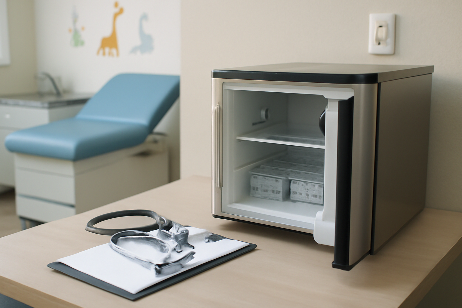 A pediatrician's exam room with an empty vaccine refrigerator and a child's health chart on the counter