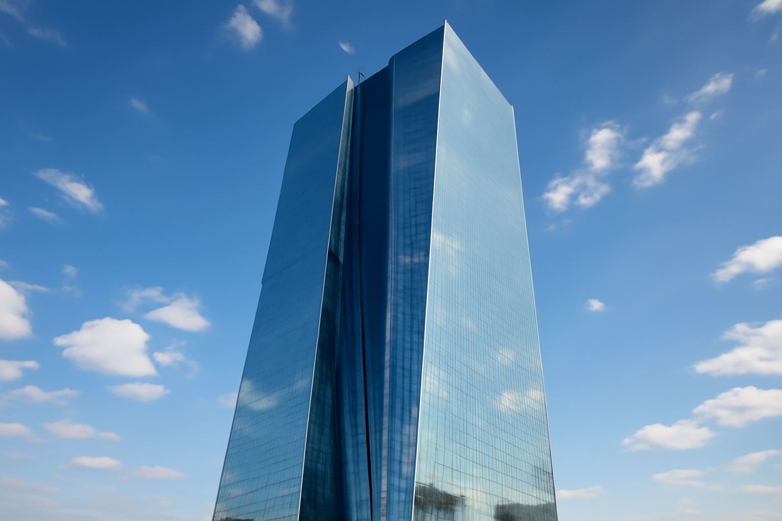 European Central Bank headquarters tower in Frankfurt under a clear sky