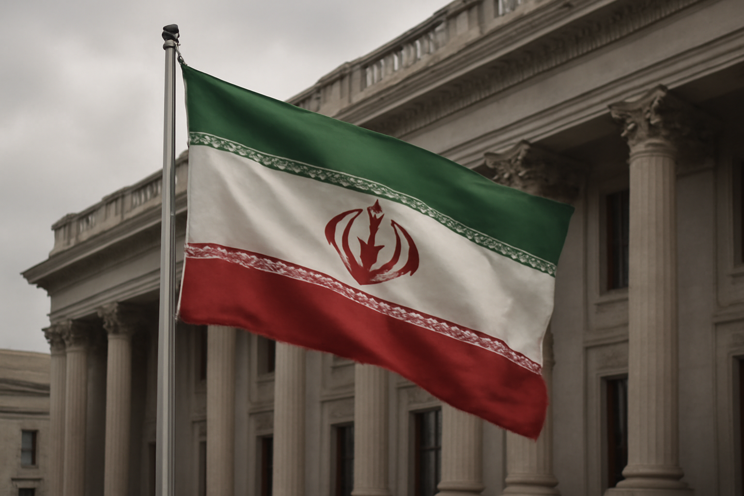 Iranian flag flying near a government building under overcast sky