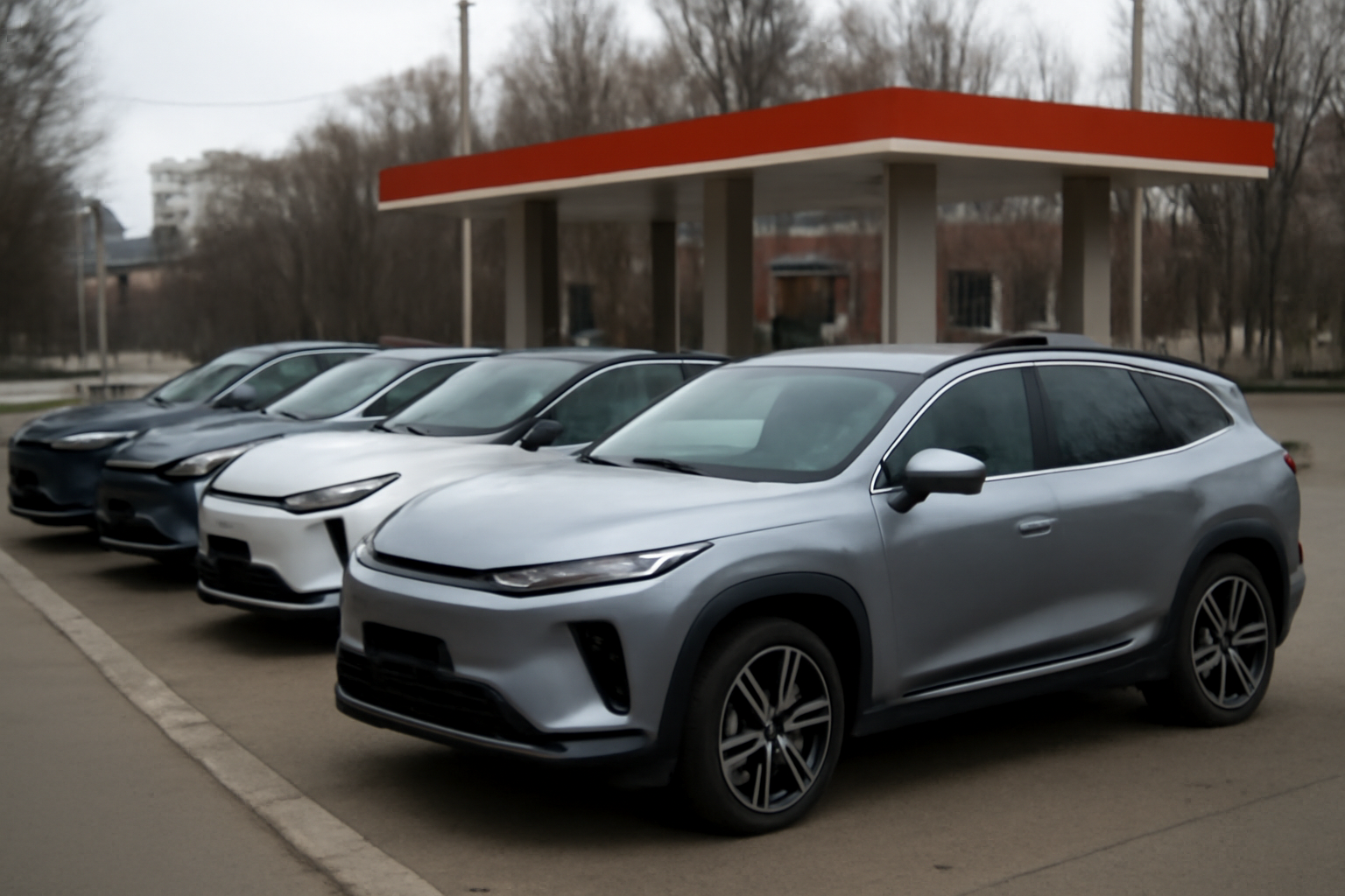 Rows of Chinese-made electric vehicles parked along a Russian city street near an empty gas station