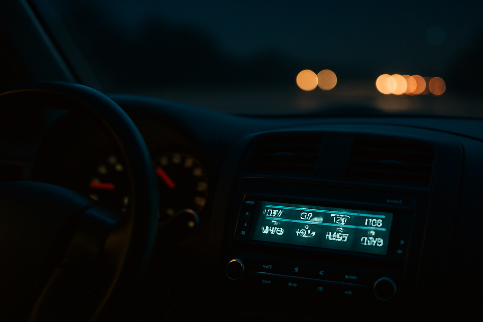 A car dashboard radio display glowing at night on a highway drive