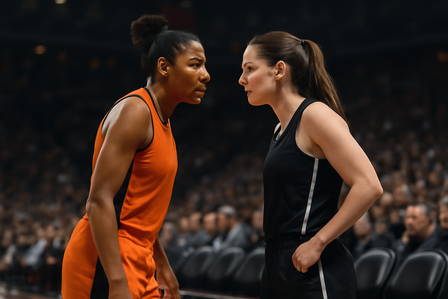 Two professional women's basketball players exchange words near courtside seating during a playoff game