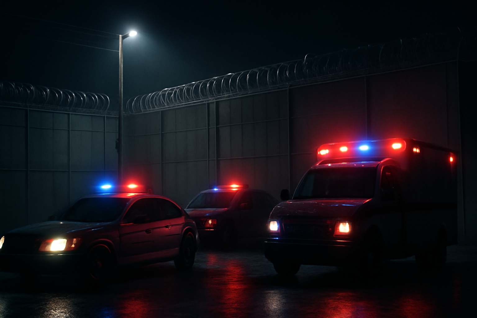 Emergency vehicles with flashing lights outside a Tennessee maximum security prison at night