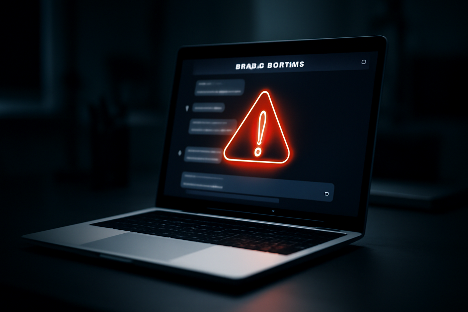 Laptop screen showing a chat assistant interface with a warning icon overlay, dark office setting