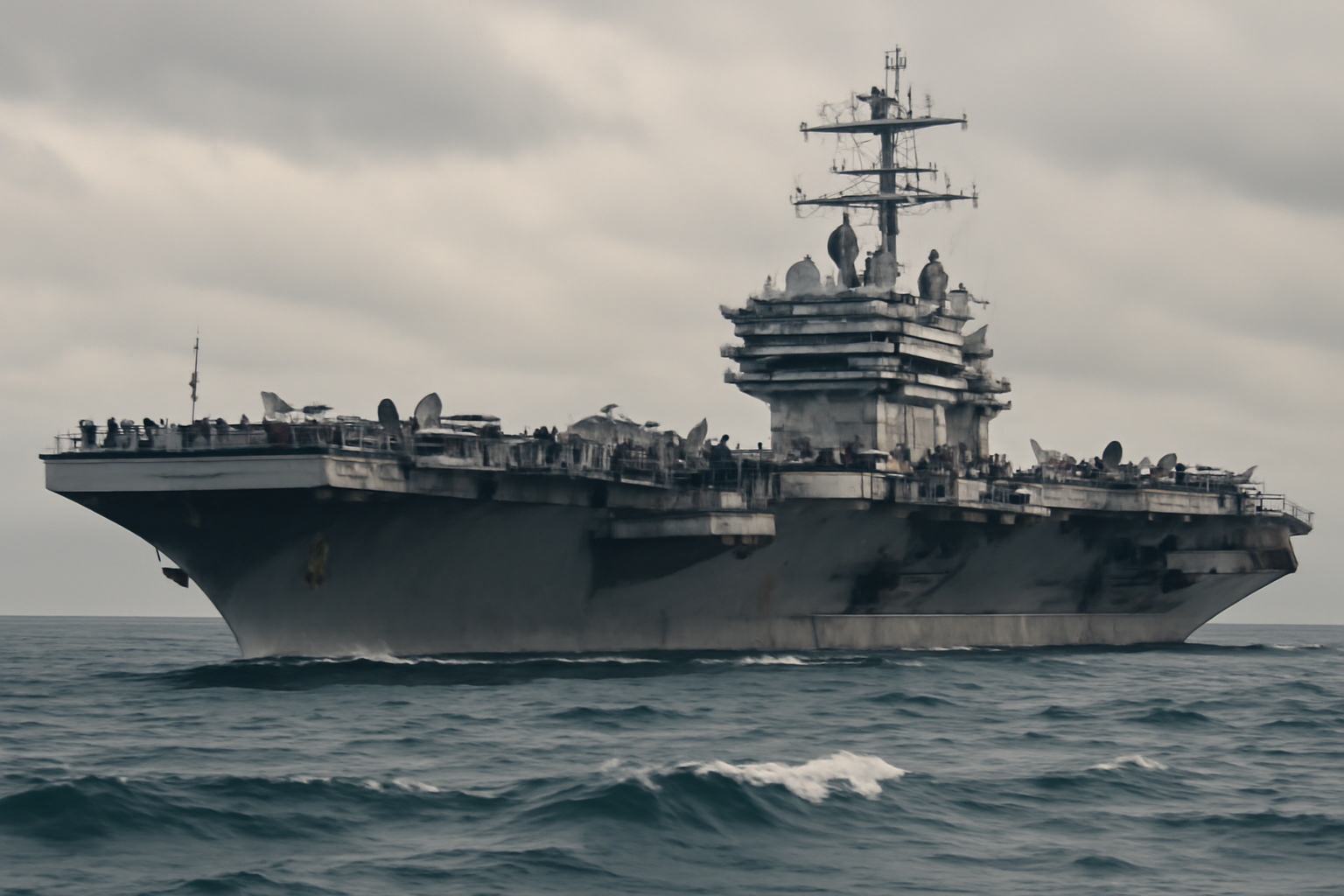 Aircraft carrier USS Abraham Lincoln underway at sea with sailors visible on deck