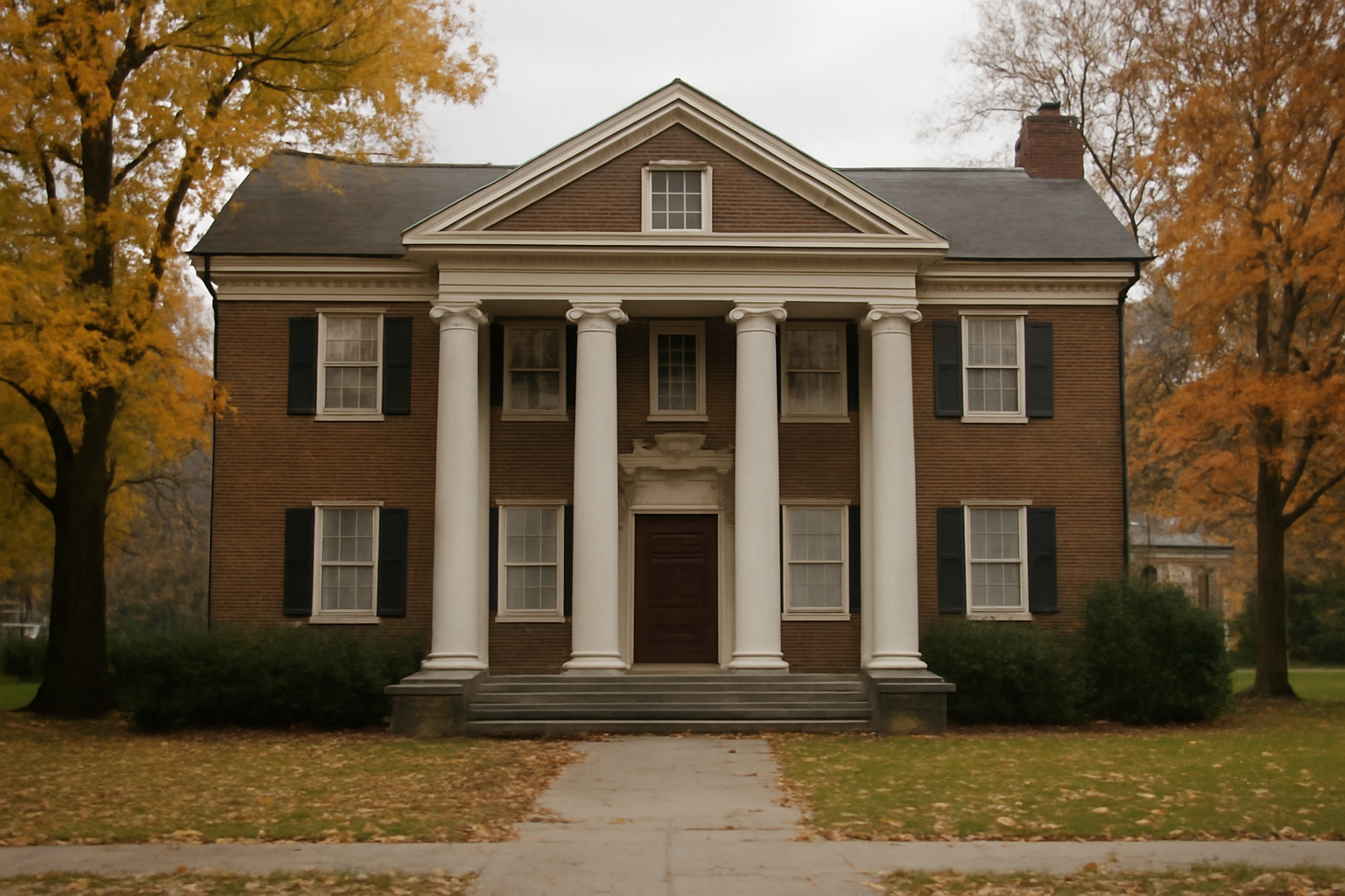 Exterior of a shuttered fraternity house on a university campus with autumn trees