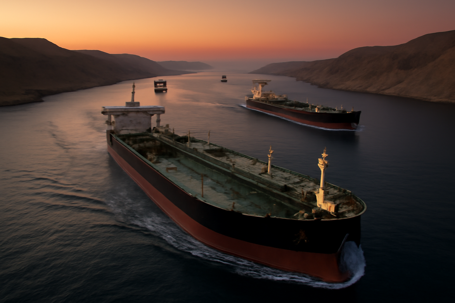 Oil tanker ships transiting a narrow strait waterway between rocky coastlines