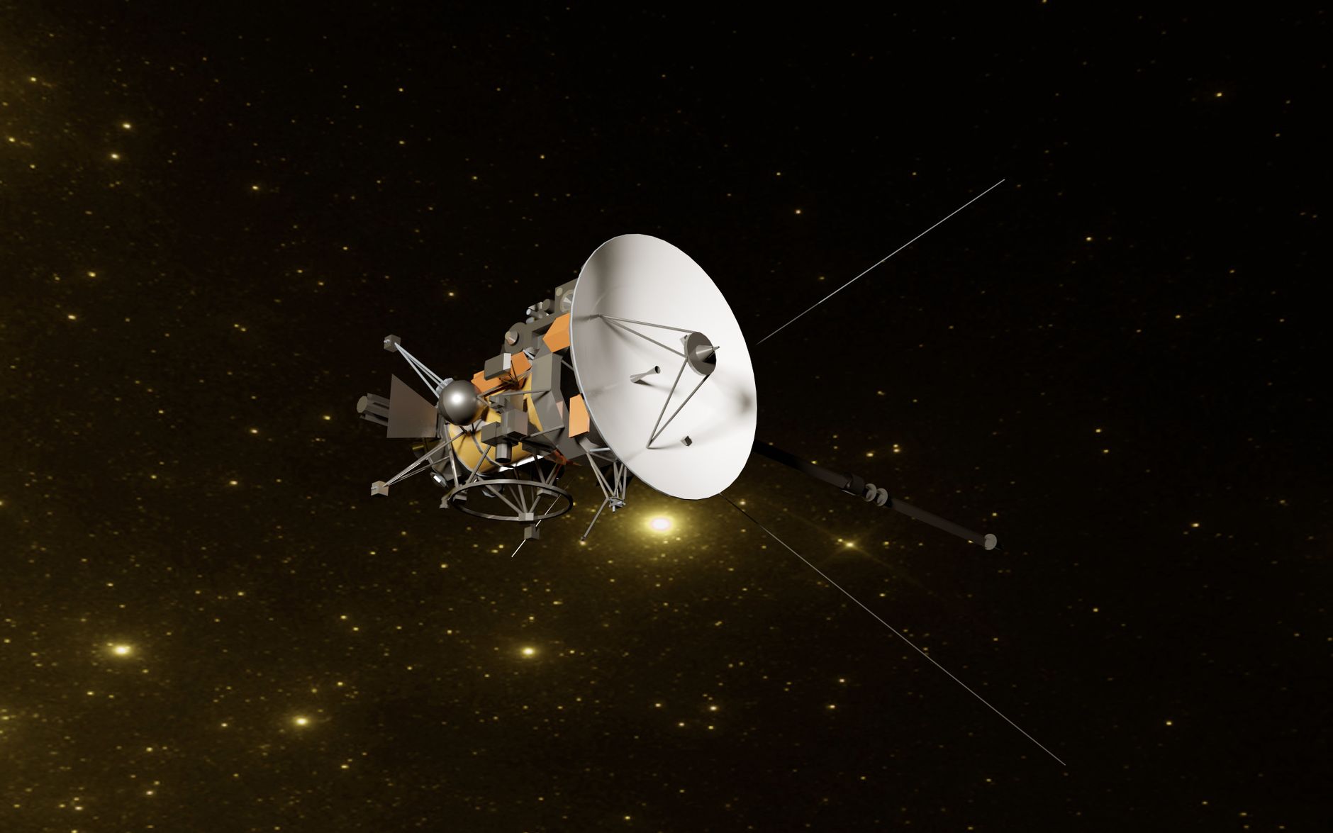 Orion spacecraft approaching a Starship lunar lander in high orbit above Earth with the Moon visible in the distance