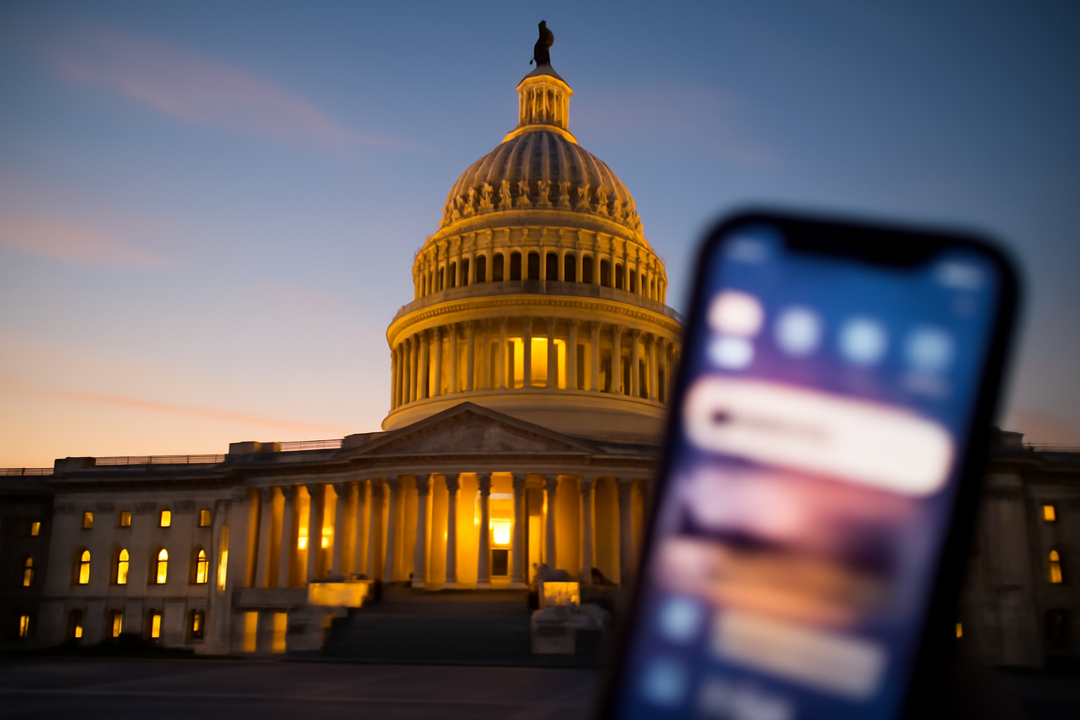 U.S. Capitol dome at dusk with a smartphone displaying a social media post in the foreground