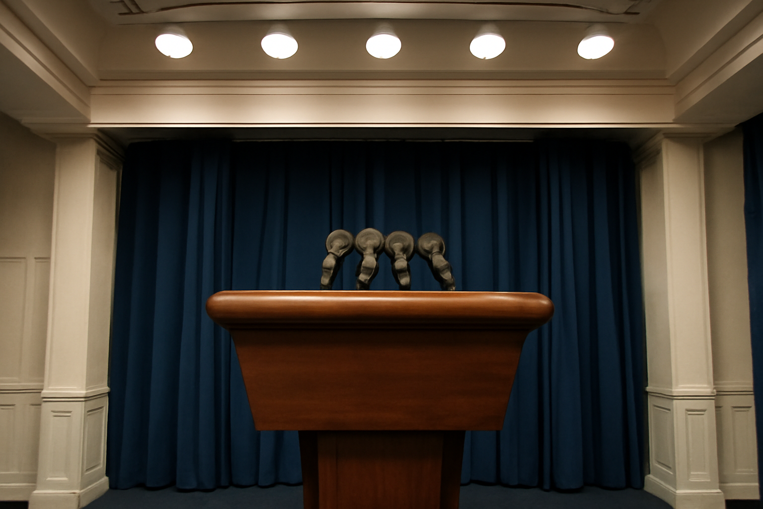 White House press briefing room podium with microphones under bright lighting, no people visible
