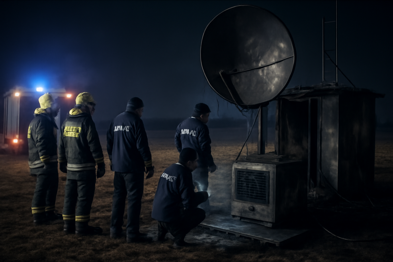 Firefighters and police inspect a damaged satellite internet station with charred equipment at night in rural Poland