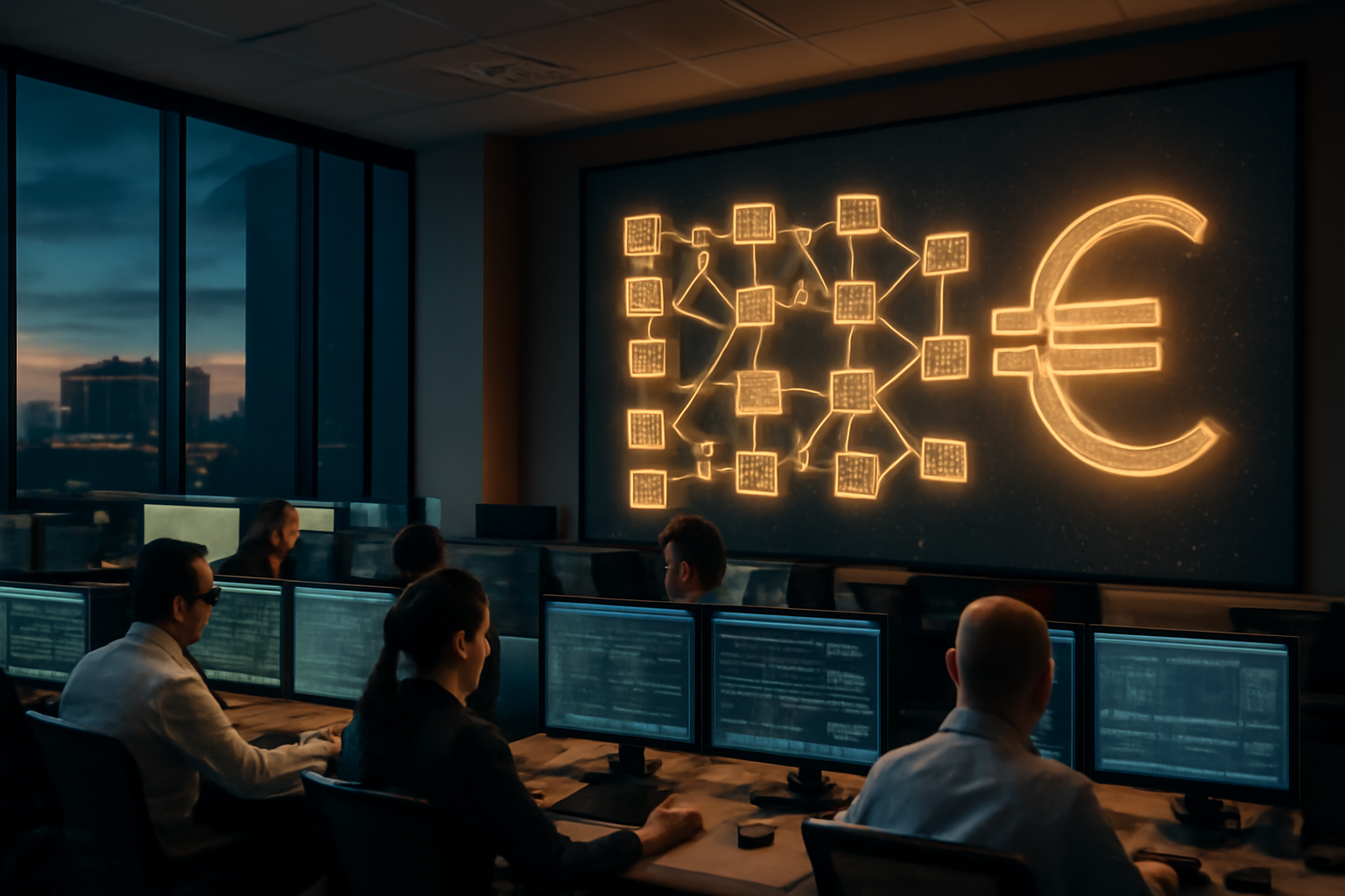 A bank settlement terminal screen showing a digital ledger connection beside a euro currency symbol
