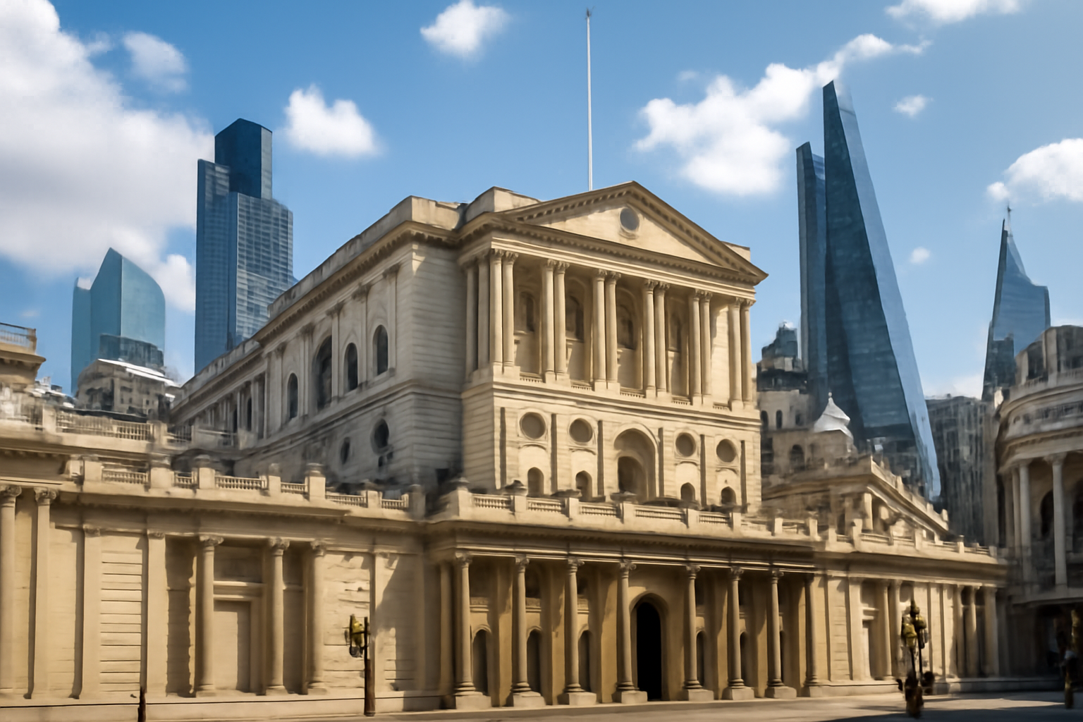 Bank of England building exterior with London financial district skyline behind it