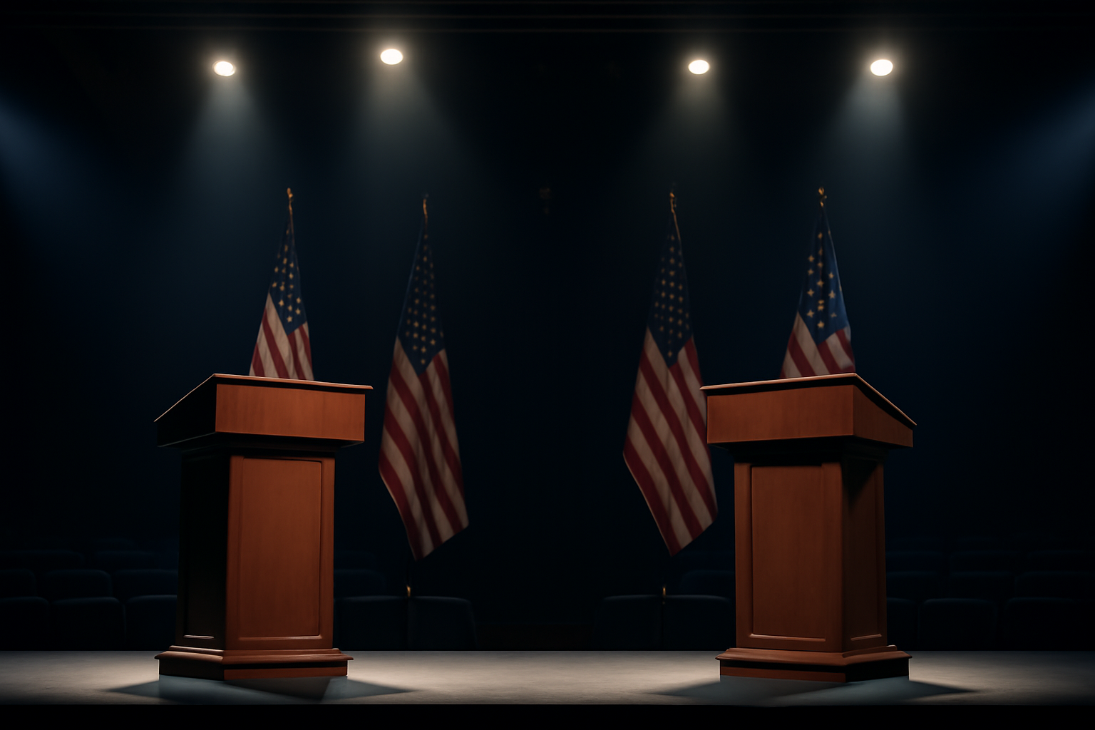 Empty debate stage with two lit podiums and American flags before a midterm election debate