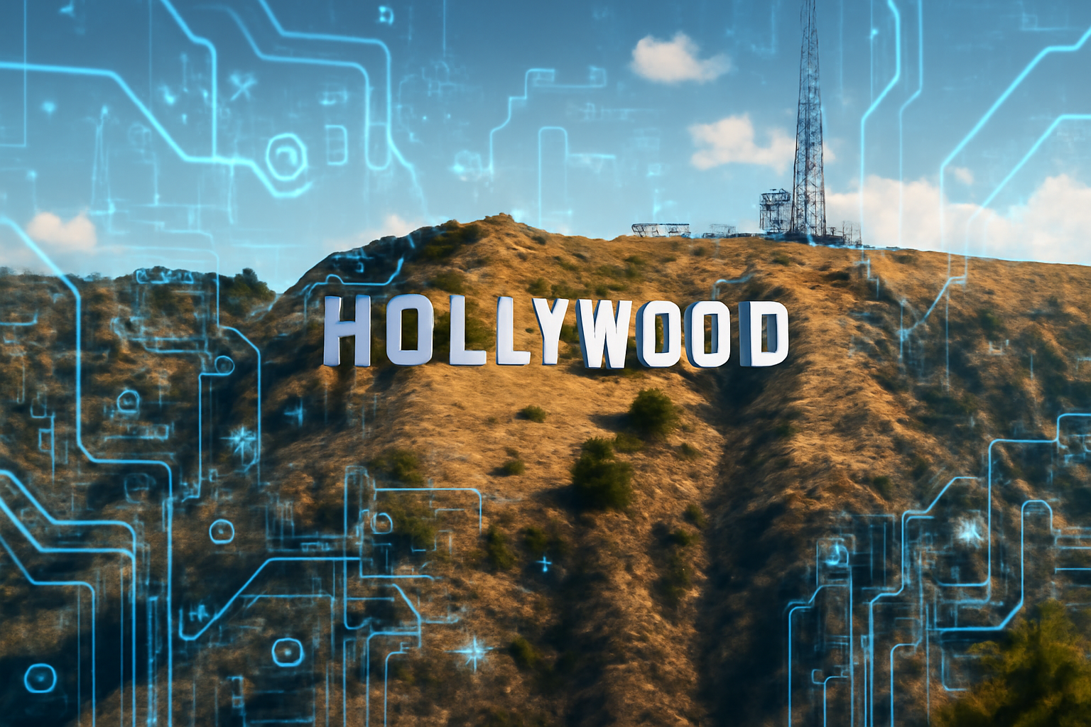 Hollywood sign with digital AI elements