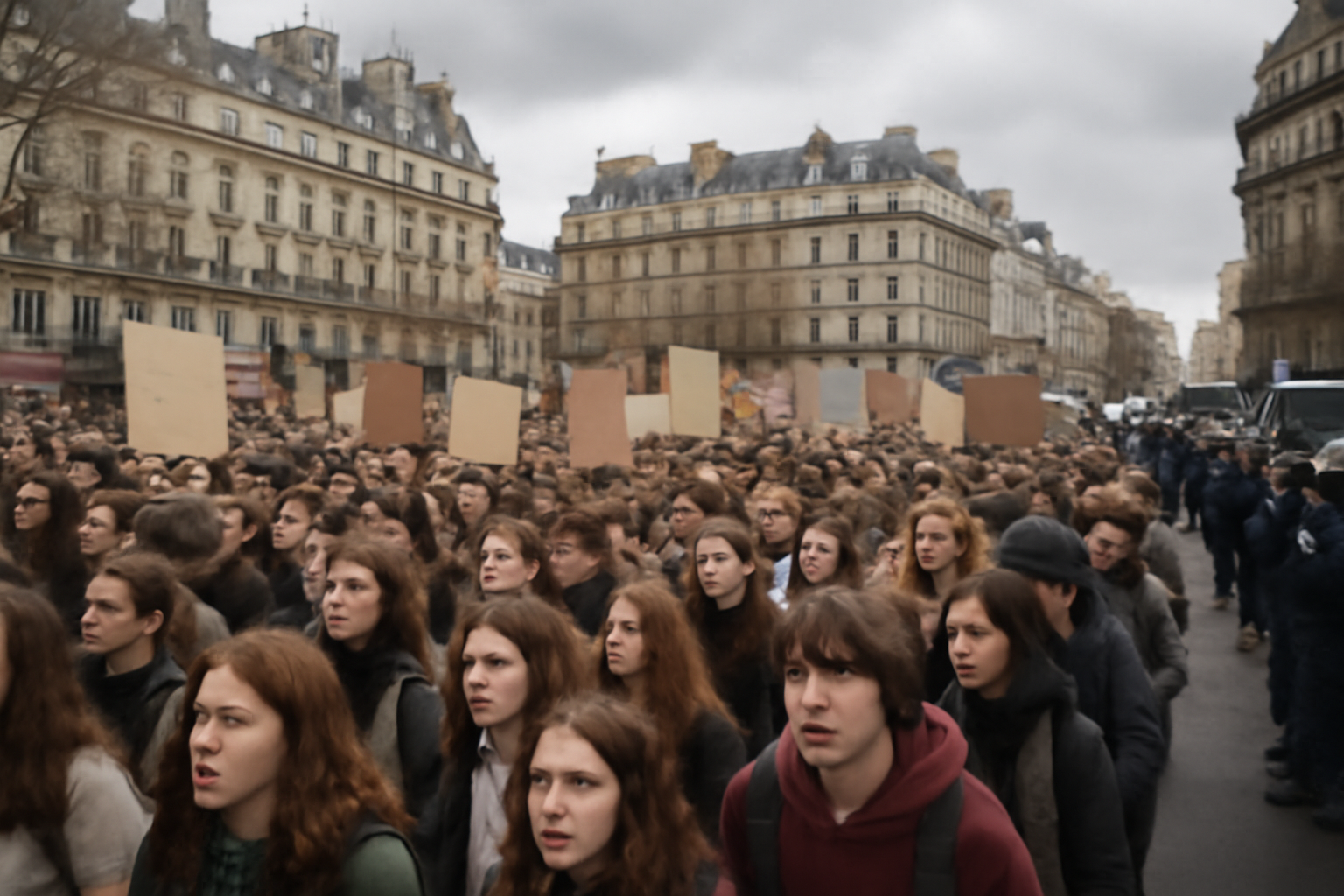 Large crowd of student protesters filling a city square in Lille, France, with police officers visible nearby