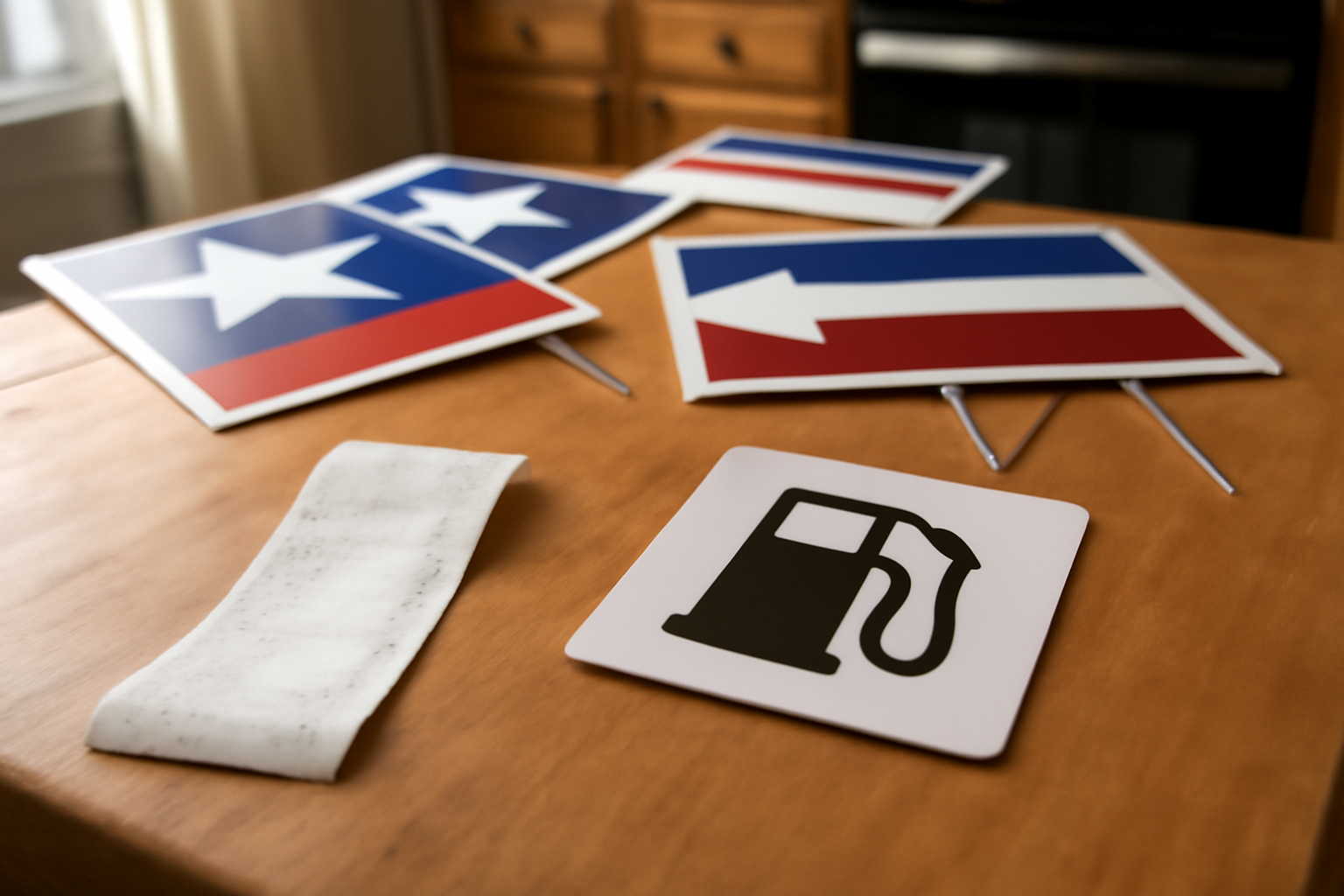 Stacks of campaign yard signs and a grocery receipt on a kitchen table