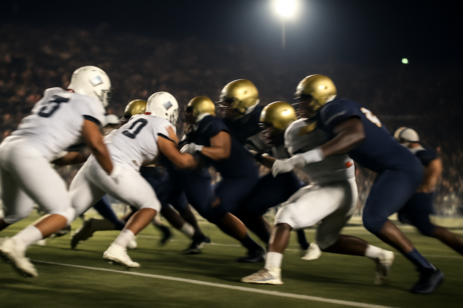 College football players in helmets colliding on the line of scrimmage under stadium lights