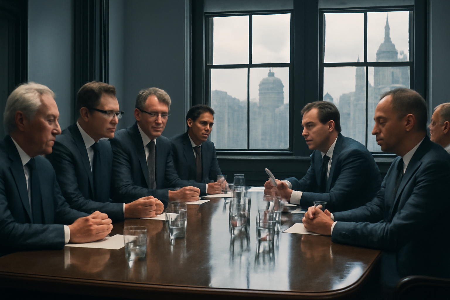 Row of UK business executives in suits seated at a conference table beneath Conservative Party branding