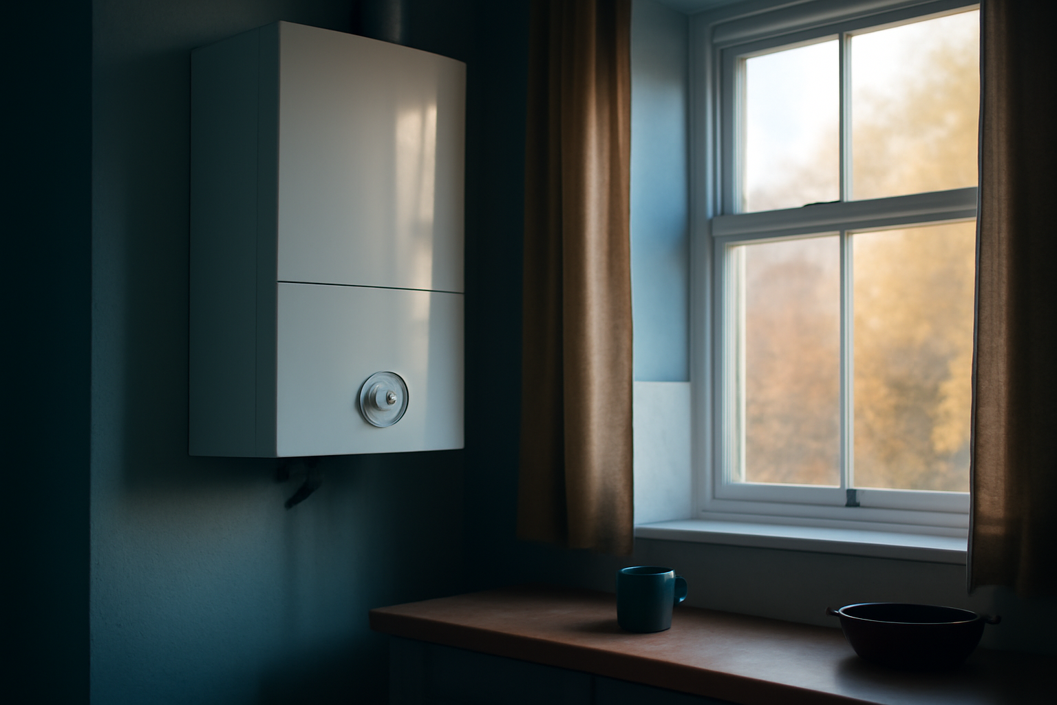 A UK household boiler and radiator thermostat dial set against a cold morning window