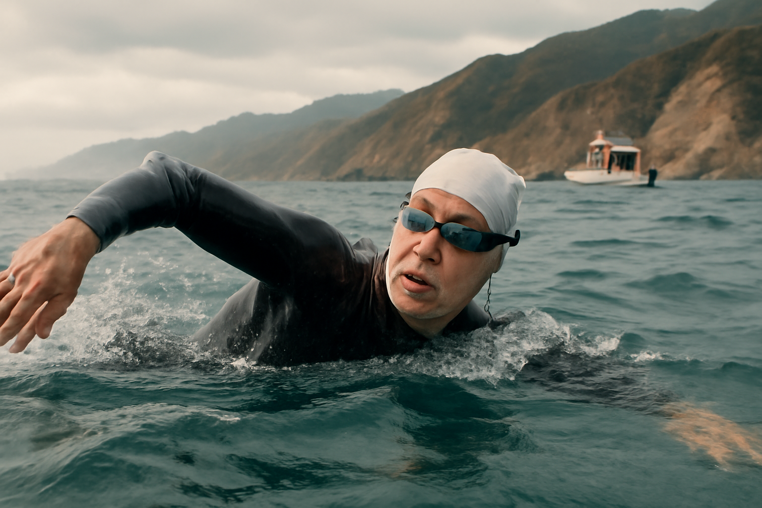 A lone swimmer in a wetsuit stroking through open ocean water near the California coastline, with a support boat trailing nearby
