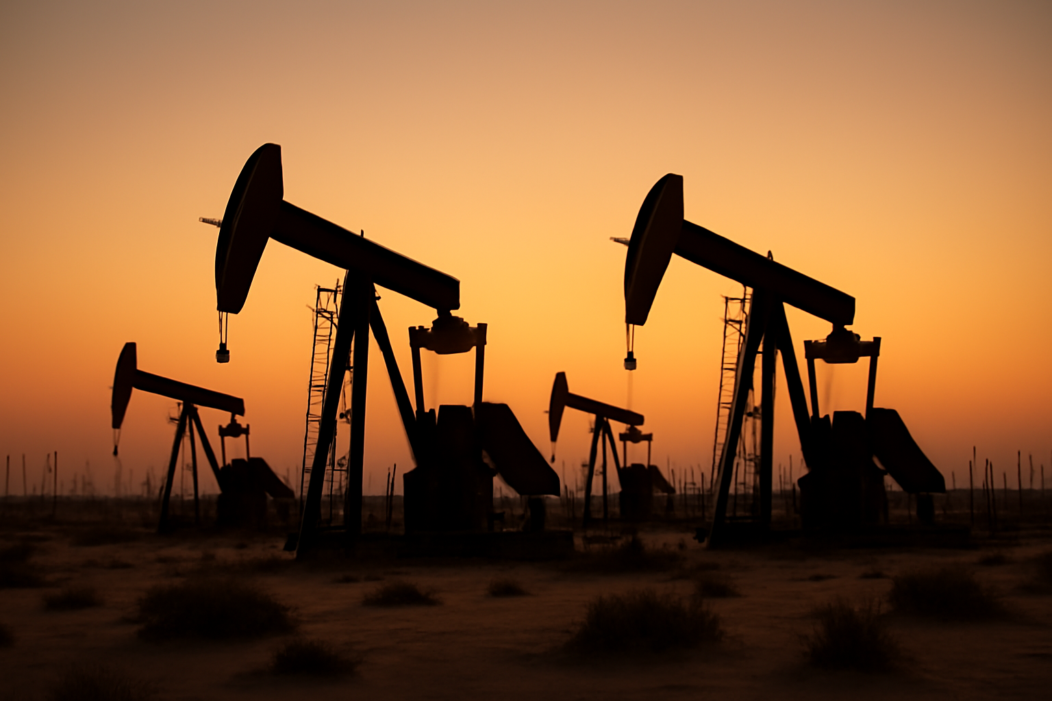 Oil pumpjacks operating at dusk under a hazy orange sky