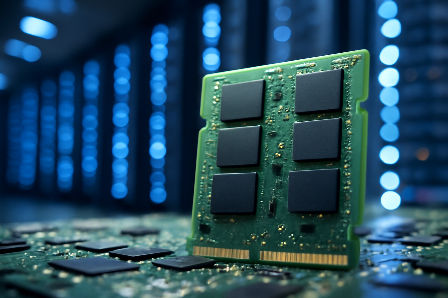 Stacked memory chip modules on a circuit board beside rows of AI server racks