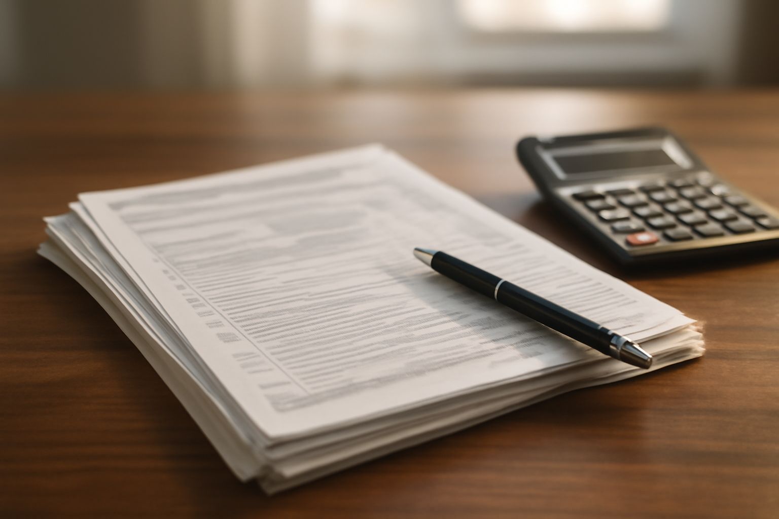 A stack of tax return paperwork and a calculator on a desk beside a pen.