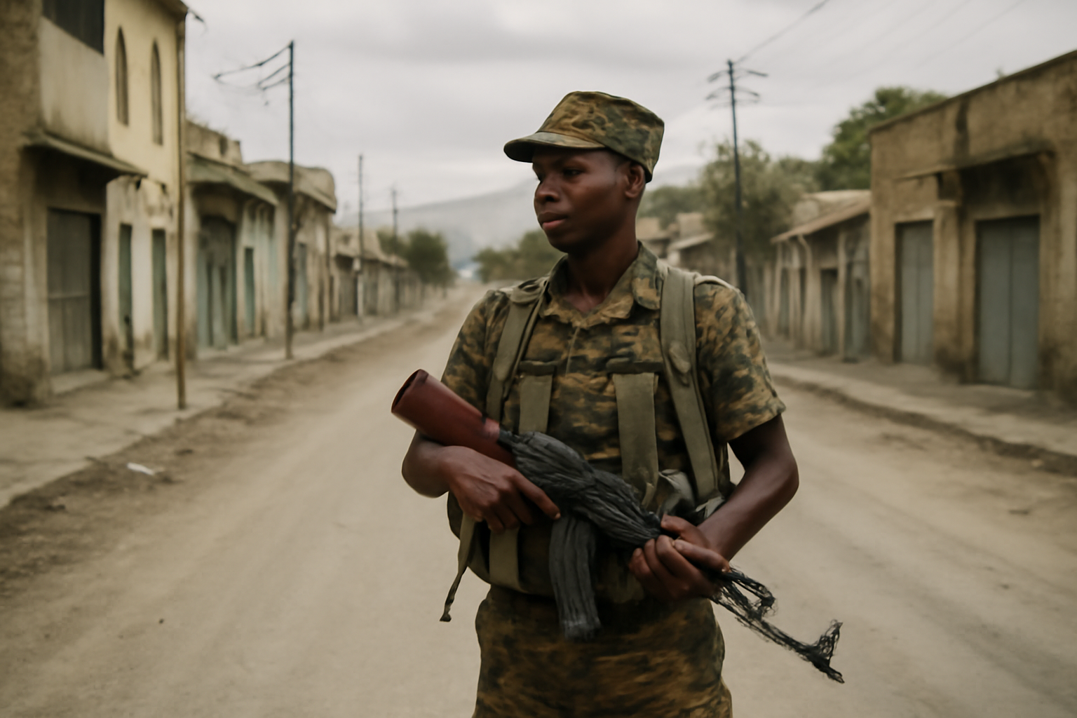 Armed soldier standing guard on an empty street in Ethiopia's Tigray region