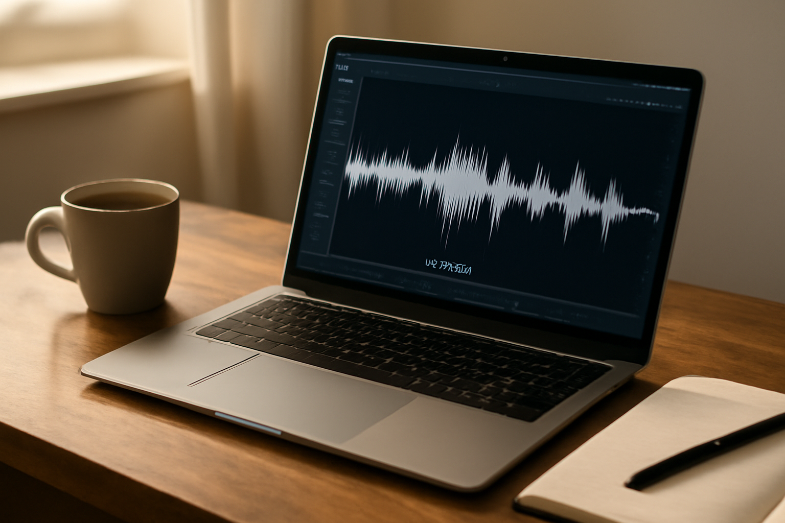 Laptop screen showing audio waveform of a science podcast next to a coffee cup on a desk