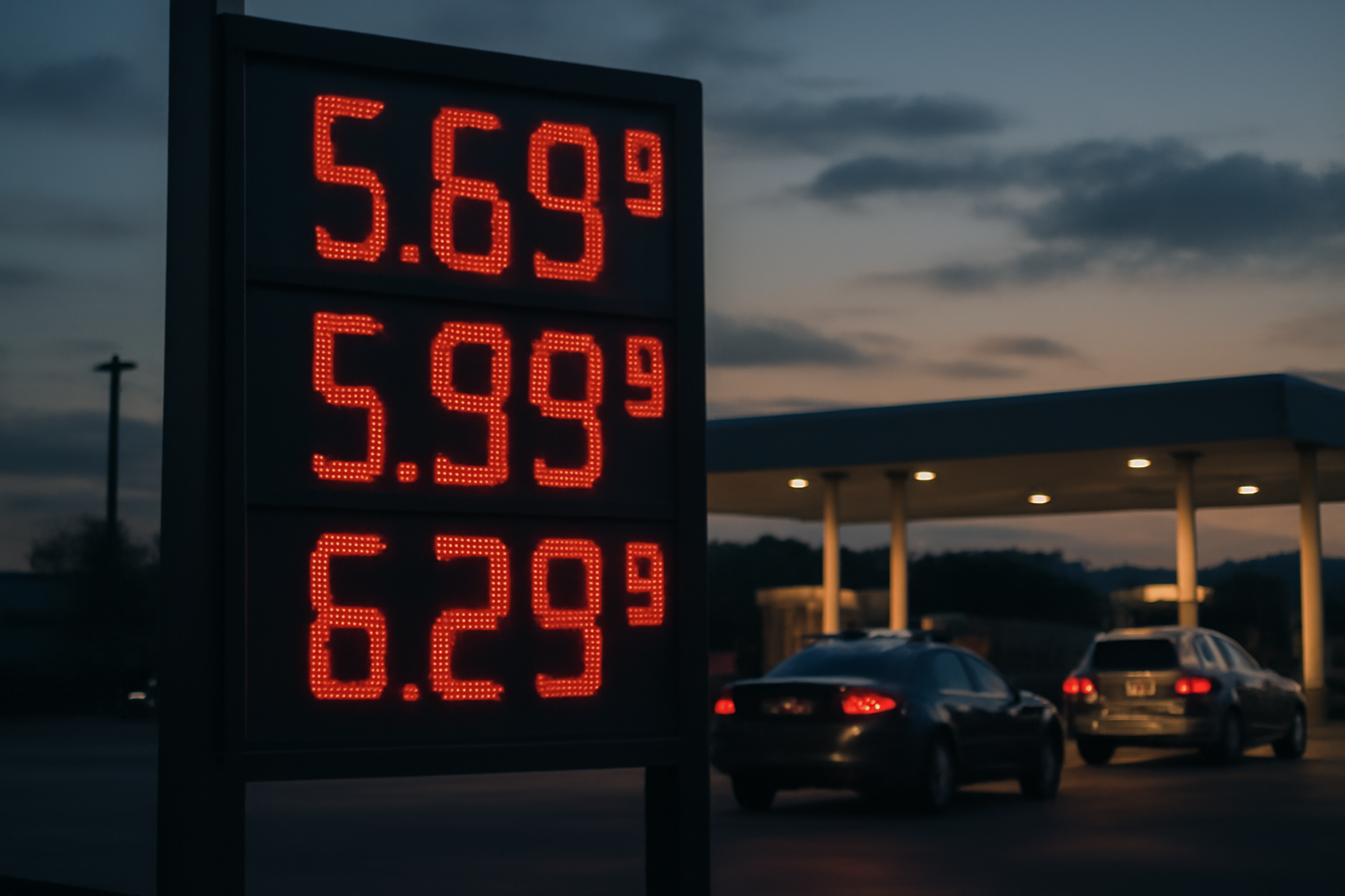 A gas station price sign displaying a high per-gallon rate at dusk